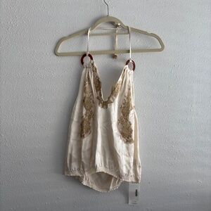 Vanita Rosa 100% Silk White/Gold Lace Halter Top